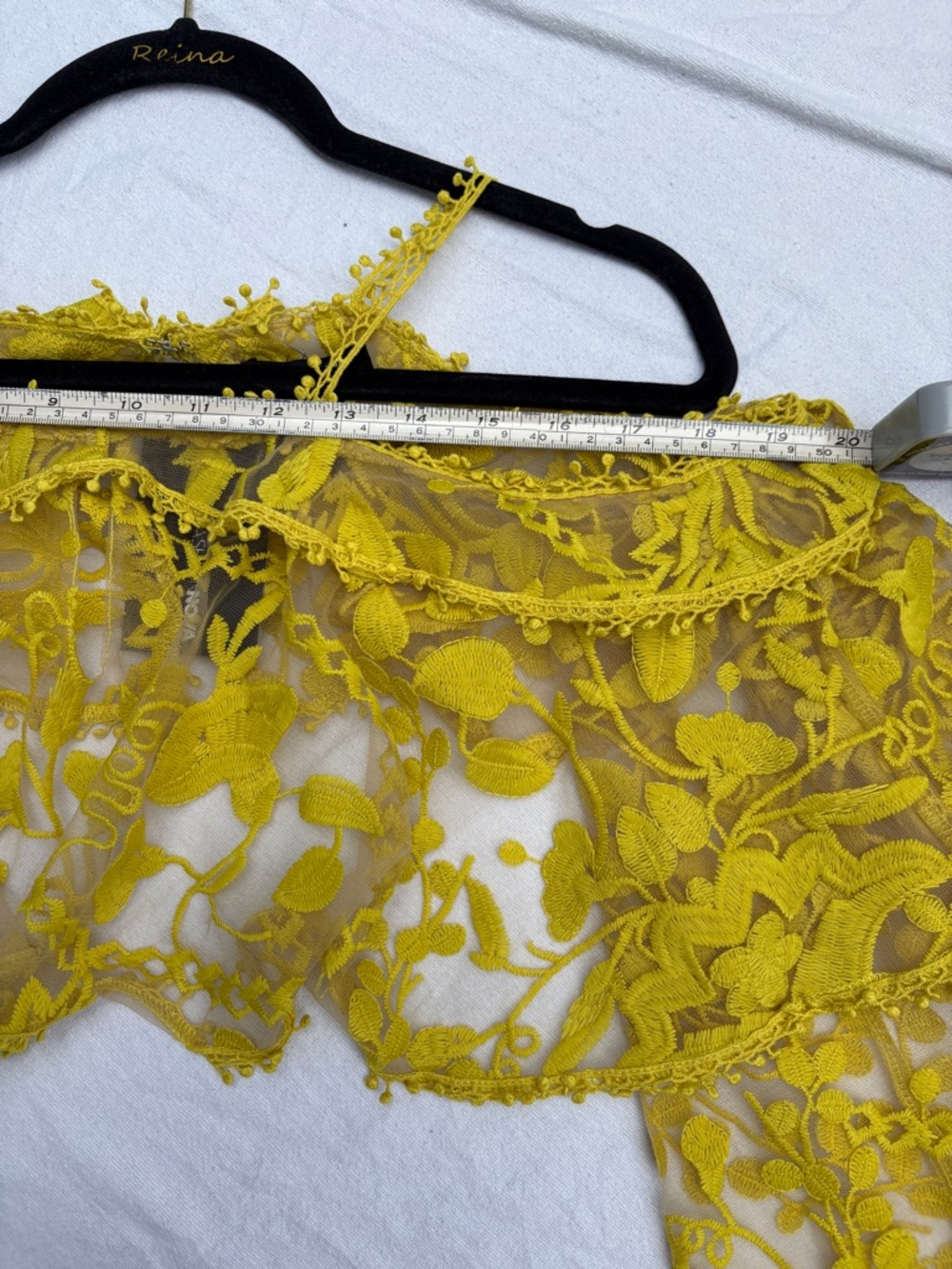 WFashion Nova Yellow Lace Off-Shoulder Crop Top Sz XS - Picture 10 of 15